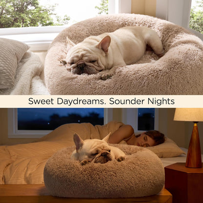 Calming Cat Beds for Indoor Cats - Small Cat Bed Washable 20 Inches, Anti-Slip round Fluffy Plush Faux Fur Pet Bed, Fits up to 15 Lbs Pets, Camel